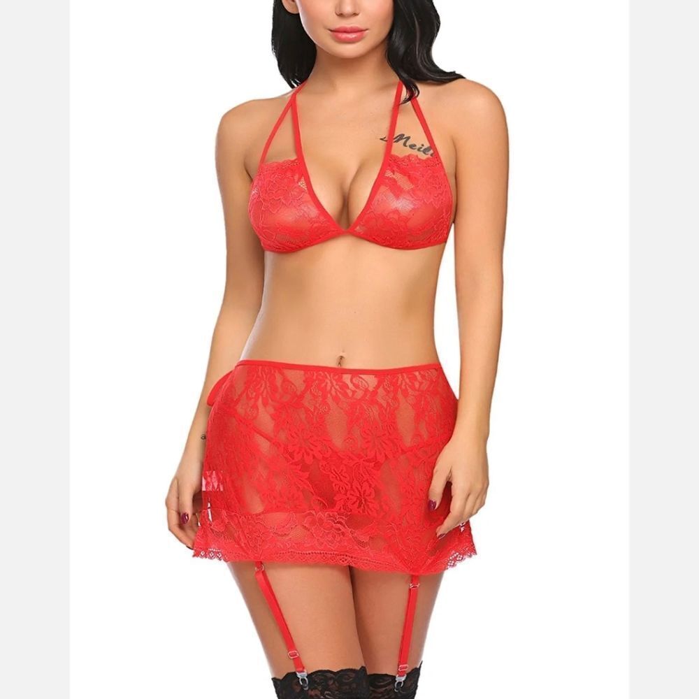 Women Sexy Lingerie Babydoll Sleepwear Lace Bra and Panty Sets with Garter US